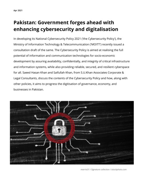 20. Co-authored a guidance note ΓÇ£Pakistan-Government forges ahead with enhancing cybersecurity and digitalisation 2021